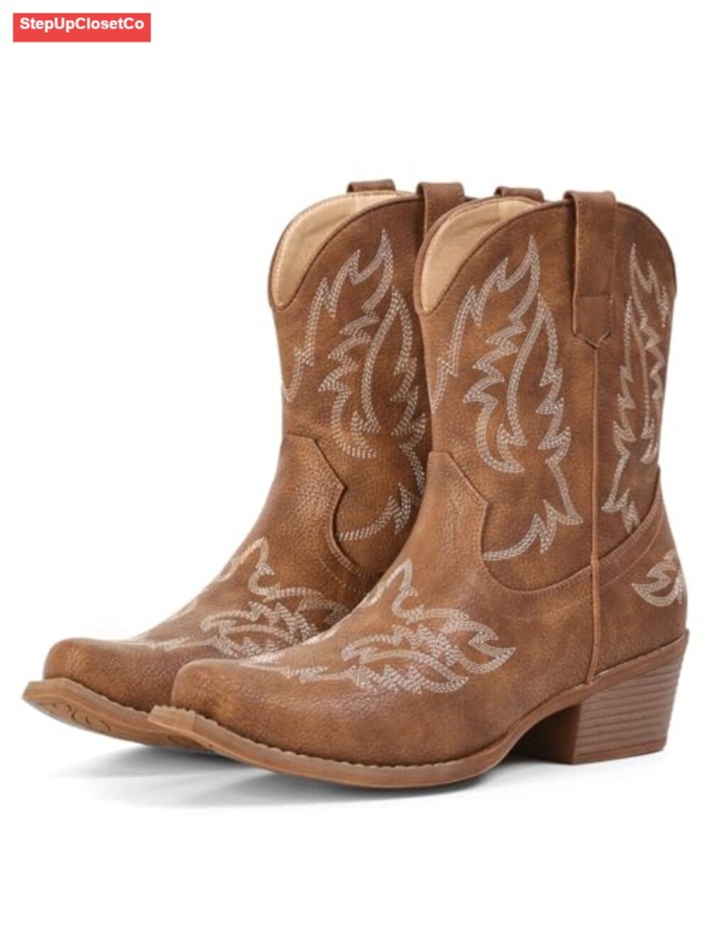 Faux Leather Ankle Cowgirl Boots with Western Stitching, Chunky Heel for Music